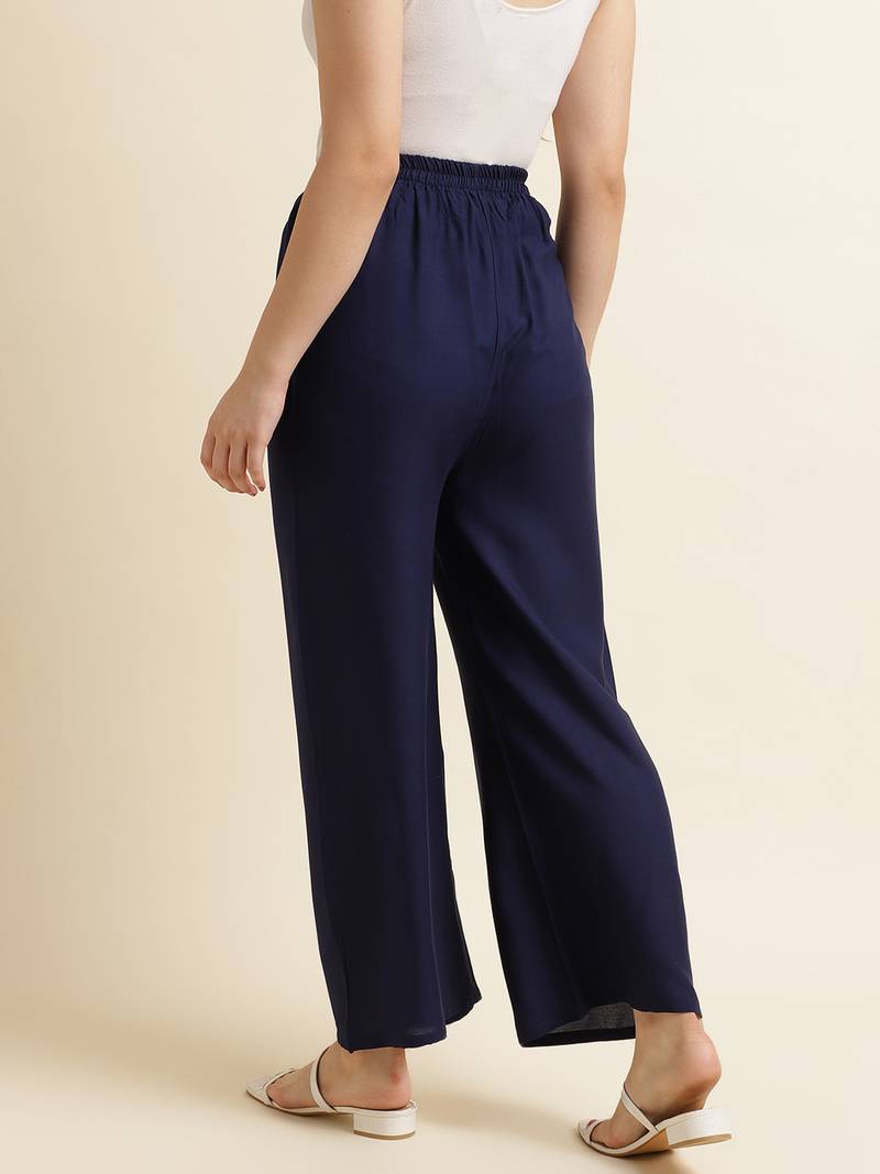 Fabclub Women Rayon Solid Plain Free Size Palazzo (Navy Blue)