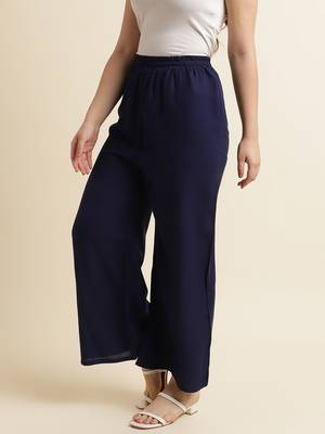 Fabclub Women Rayon Solid Plain Free Size Palazzo (Navy Blue) 4
