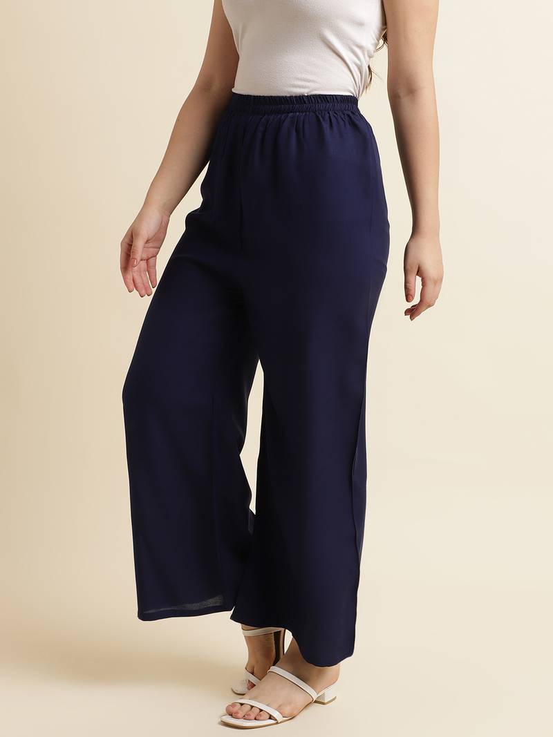 Fabclub Women Rayon Solid Plain Free Size Palazzo (Navy Blue)