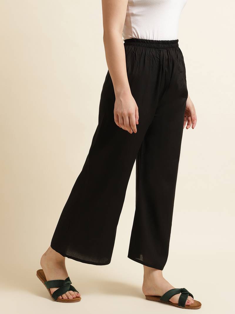 Fabclub Women Rayon Solid Plain Free Size Palazzo (Black)