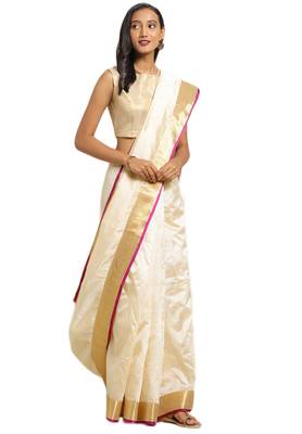 Salwar Studio Women's Beige & Purple One Side Border Office Wear Saree With Blouse 1