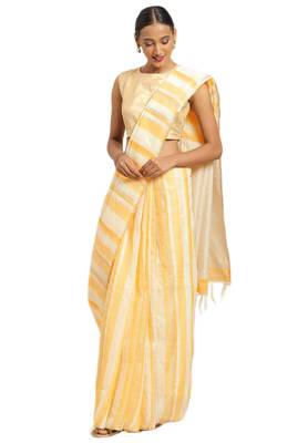 Salwar Studio Women's Beige & Yellow One Side Border Casual  Saree With Blouse 1