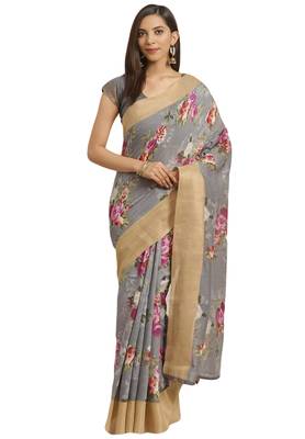 Salwar Studio Women's Grey Floral Office Wear Saree With Blouse 1