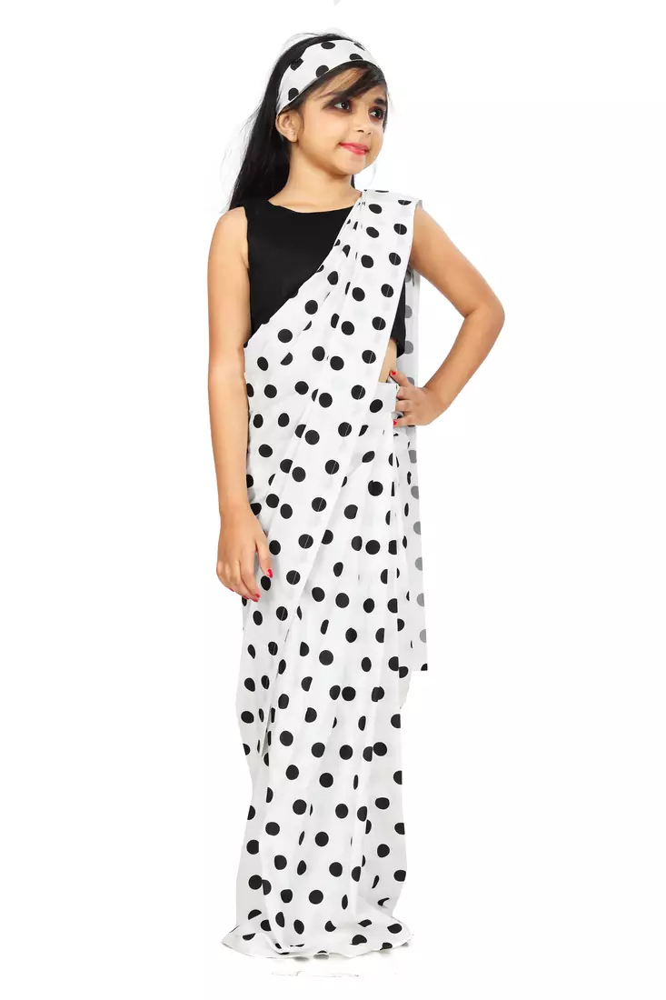 Kids Readymade White Saree With Black Blouse For Girls 