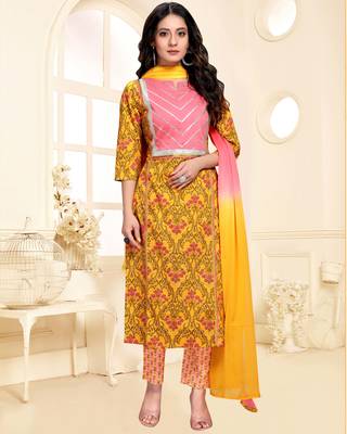 Yellow printed cotton ethnic-kurtis 1