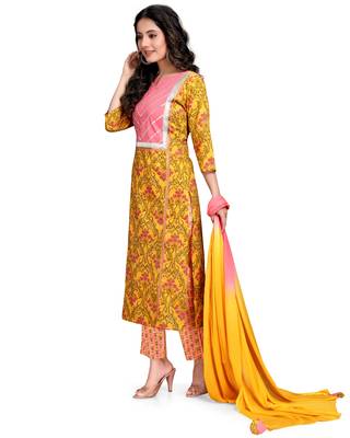 Yellow printed cotton ethnic-kurtis 3