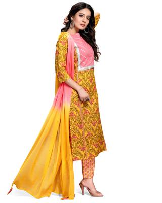 Yellow printed cotton ethnic-kurtis 4