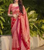 Peach woven banarasi silk saree with blouse