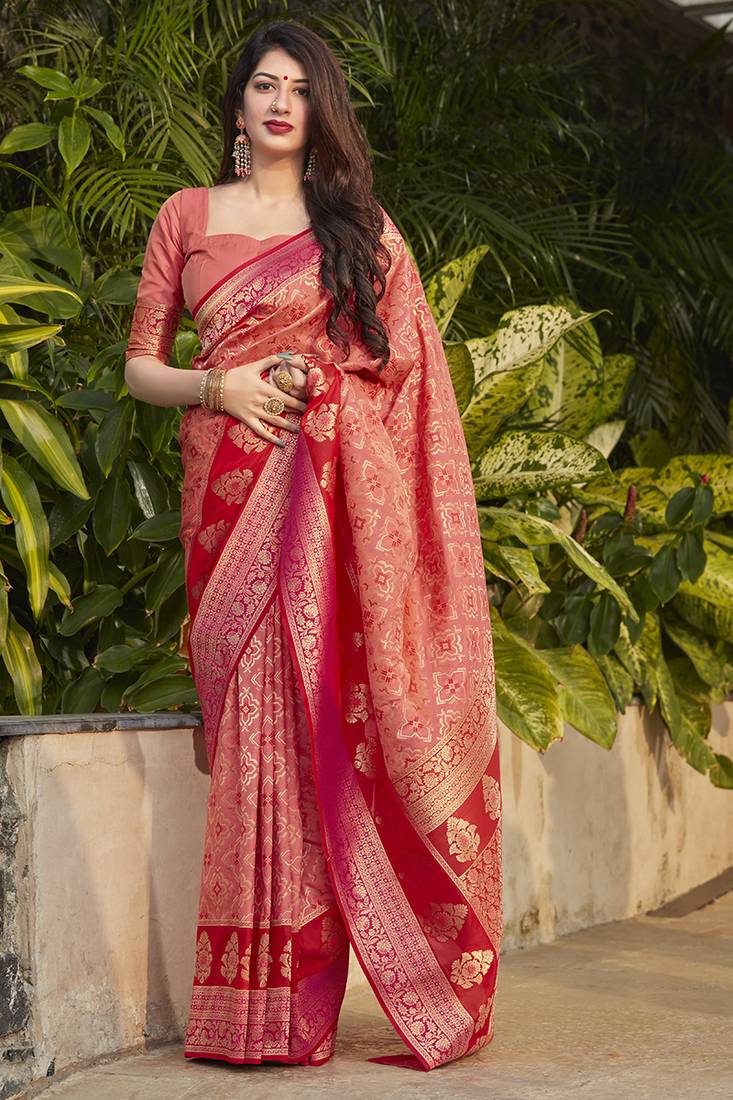 Peach woven banarasi silk saree with blouse