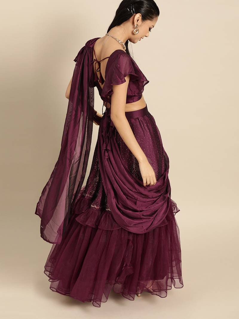 Women's Satin Burgundy Embellished Designer Saree With Blouse Piece