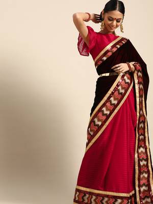 Maroon plain velvet saree with blouse 1