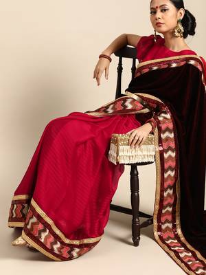 Maroon plain velvet saree with blouse 2