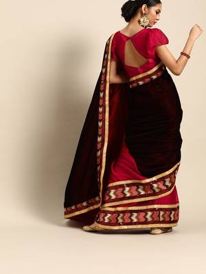 Maroon plain velvet saree with blouse 3
