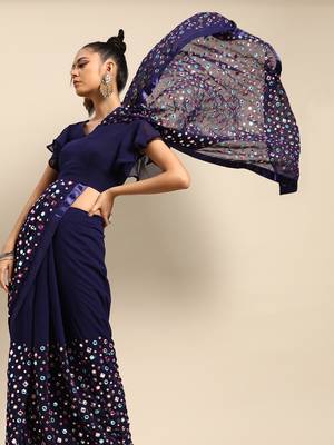 Navy blue embroidered georgette saree with blouse 2