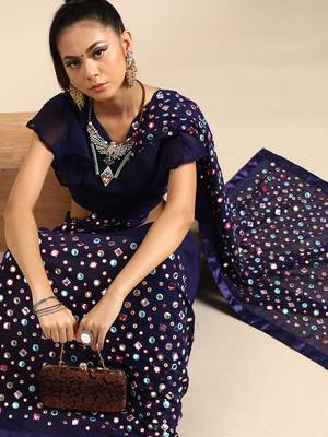 Navy blue embroidered georgette saree with blouse 3