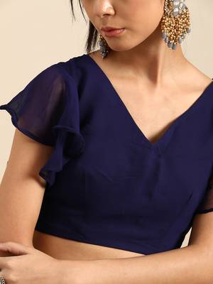Navy blue embroidered georgette saree with blouse 4