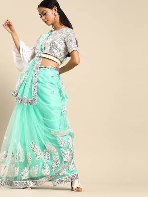 Aqua blue embroidered net saree with blouse 2