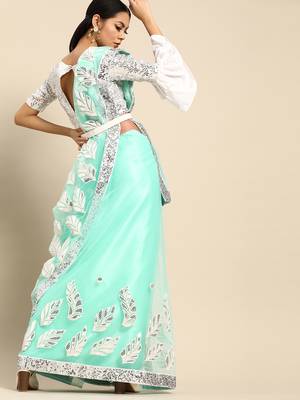 Aqua blue embroidered net saree with blouse 3