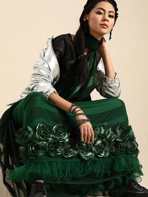 Green embroidered satin saree with blouse 2