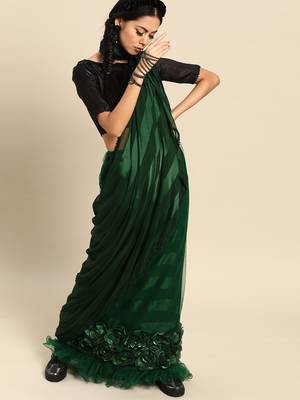 Green embroidered satin saree with blouse 1