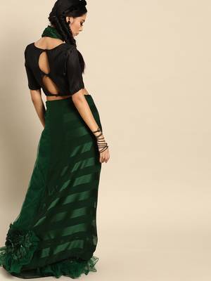 Green embroidered satin saree with blouse 3