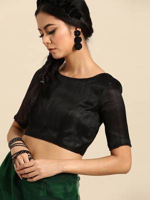 Green embroidered satin saree with blouse 5