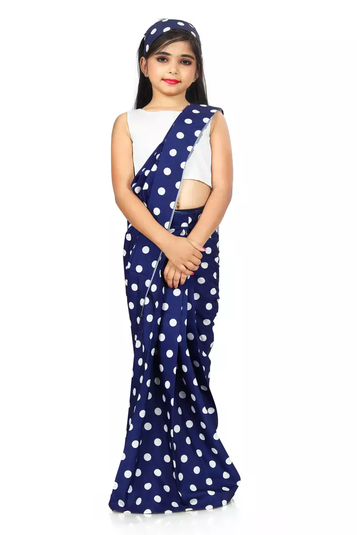 Girls Blue Readymade Saree With White Blouse For Wedding Wear 