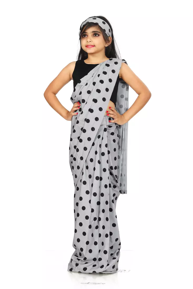 Kids Grey Readymade Saree And Black Blouse For Girls 