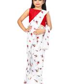 Kids White Readymade Saree With Red Blouse For Girls