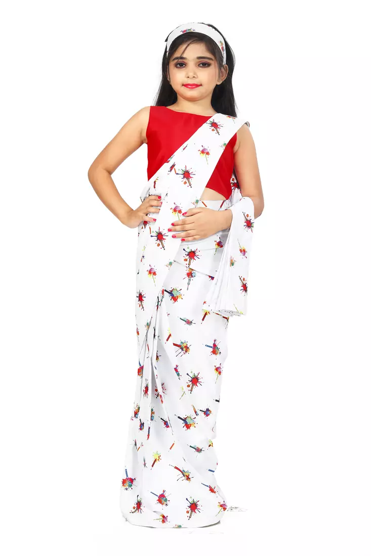 Kids White Readymade Saree With Red Blouse For Girls