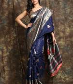 Dark blue woven silk blend saree with blouse