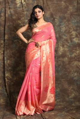 Dark baby pink woven silk blend saree with blouse 1