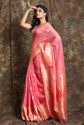 Dark baby pink woven silk blend saree with blouse 2