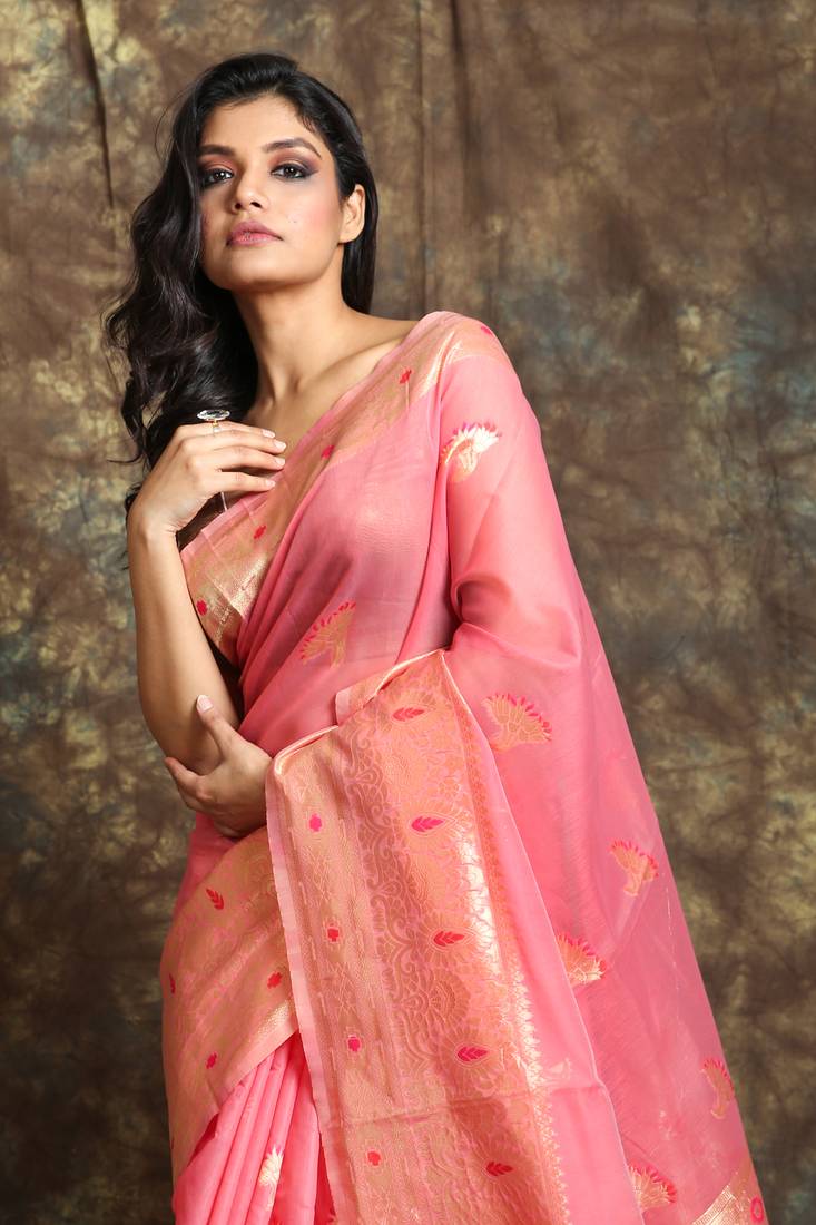 Dark baby pink woven silk blend saree with blouse
