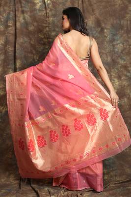 Dark baby pink woven silk blend saree with blouse 4