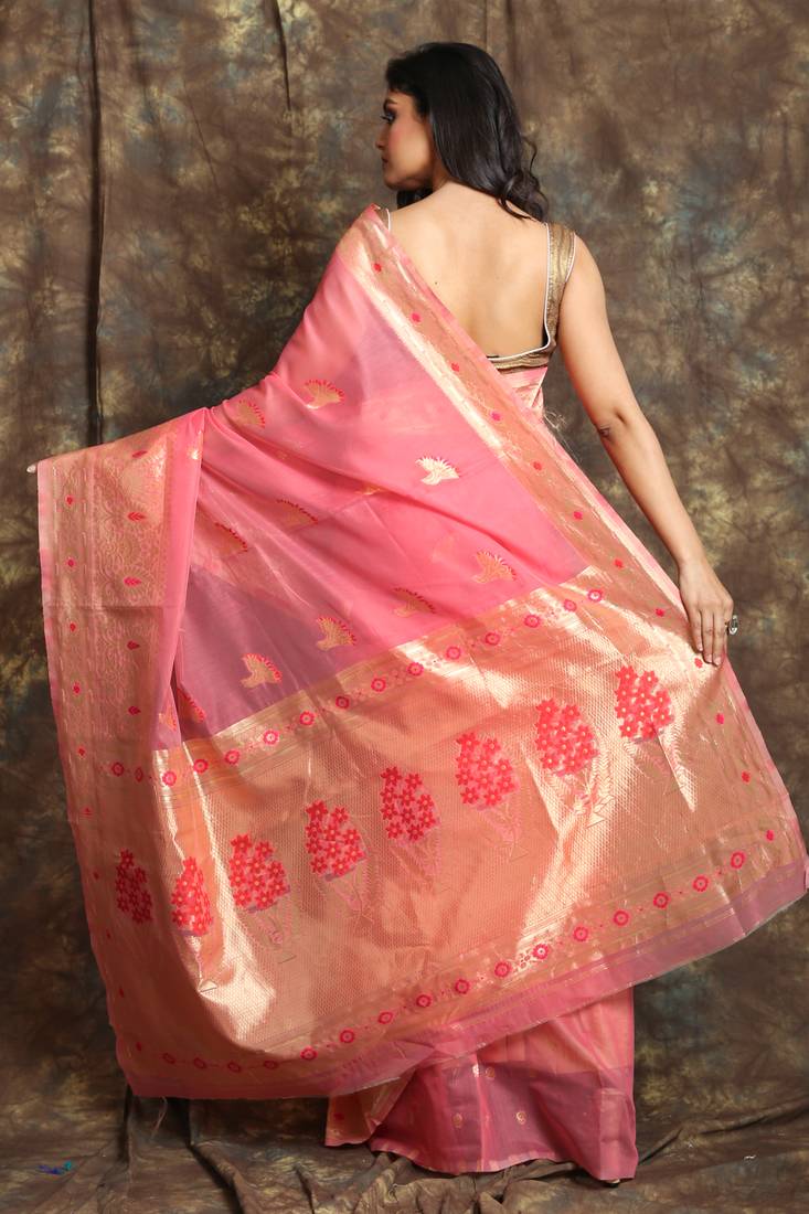 Dark baby pink woven silk blend saree with blouse