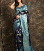 Dark blue woven silk blend saree with blouse