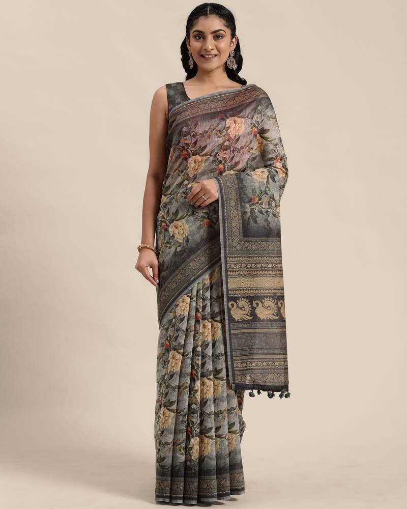Black Printed Cotton Blend Saree With Unstitched Blouse Piece main image 1