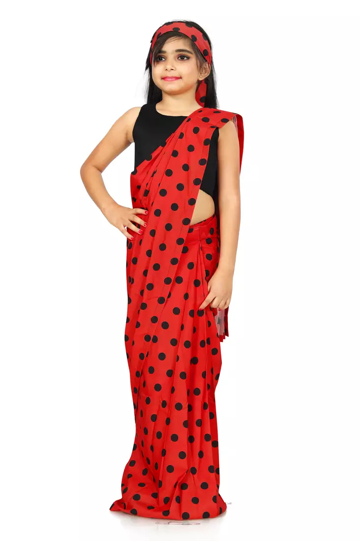 Kids Red Readymade Saree With Black Blouse For Girls 