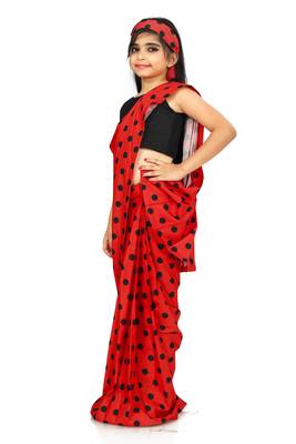 Kids Red Readymade Saree With Black Blouse For Girls  2