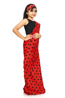 Kids Red Readymade Saree With Black Blouse For Girls  3