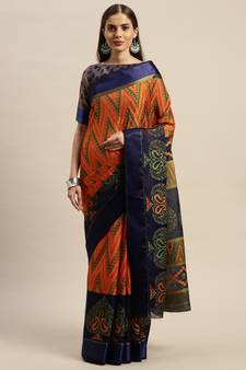 Orange Printed Silk Blend Saree With Blouse