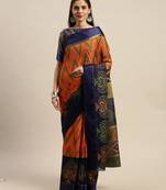 Orange Printed Silk Blend Saree With Blouse