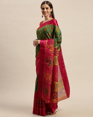Rajnandini Green Printed Silk Blend Saree With Blouse 4