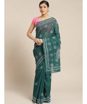 Ada Hand Embroidered Dark Green Cotton Lucknow Chikan Women Saree With Blouse - A311182 1