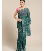 Ada Hand Embroidered Dark Green Cotton Lucknow Chikan Women Saree With Blouse - A311182