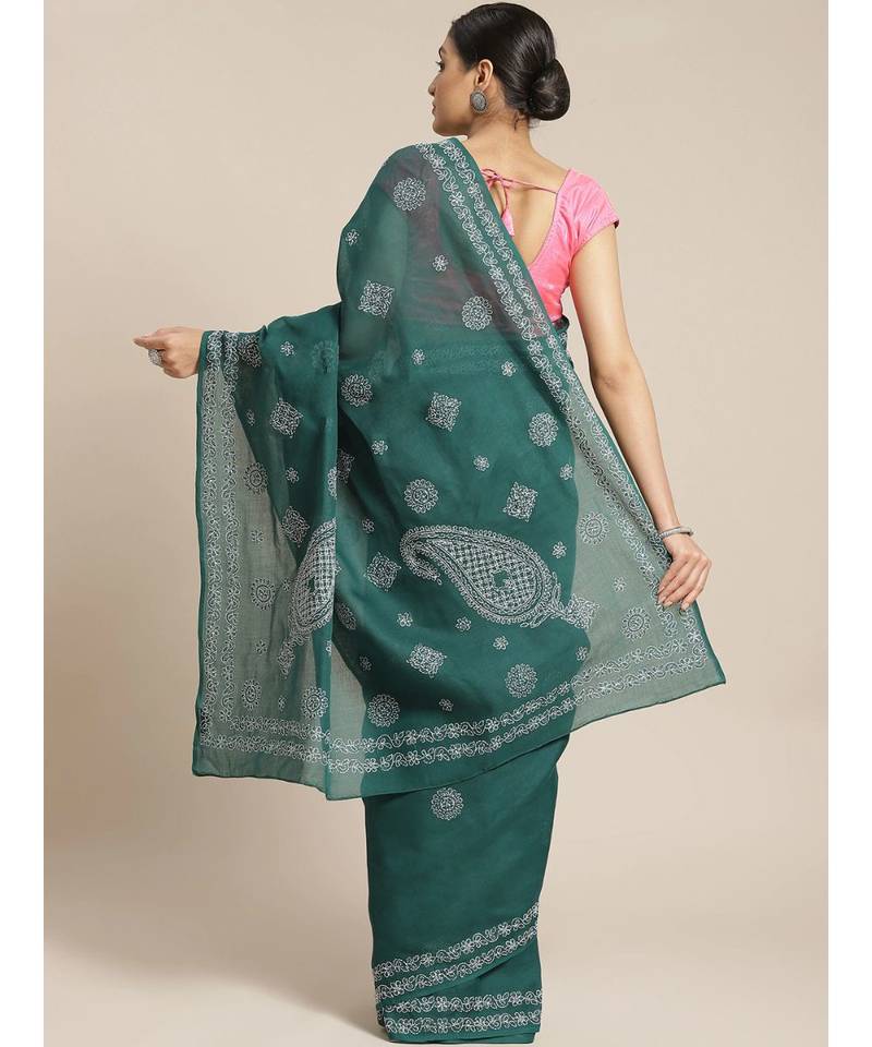 Ada Hand Embroidered Dark Green Cotton Lucknow Chikan Women Saree With Blouse - A311182