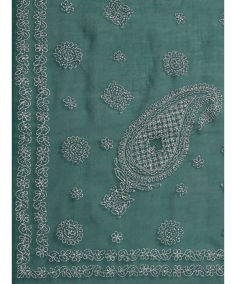 Ada Hand Embroidered Dark Green Cotton Lucknow Chikan Women Saree With Blouse - A311182