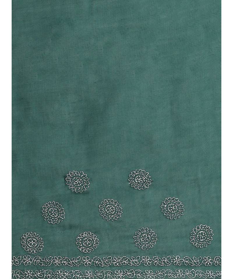 Ada Hand Embroidered Dark Green Cotton Lucknow Chikan Women Saree With Blouse - A311182