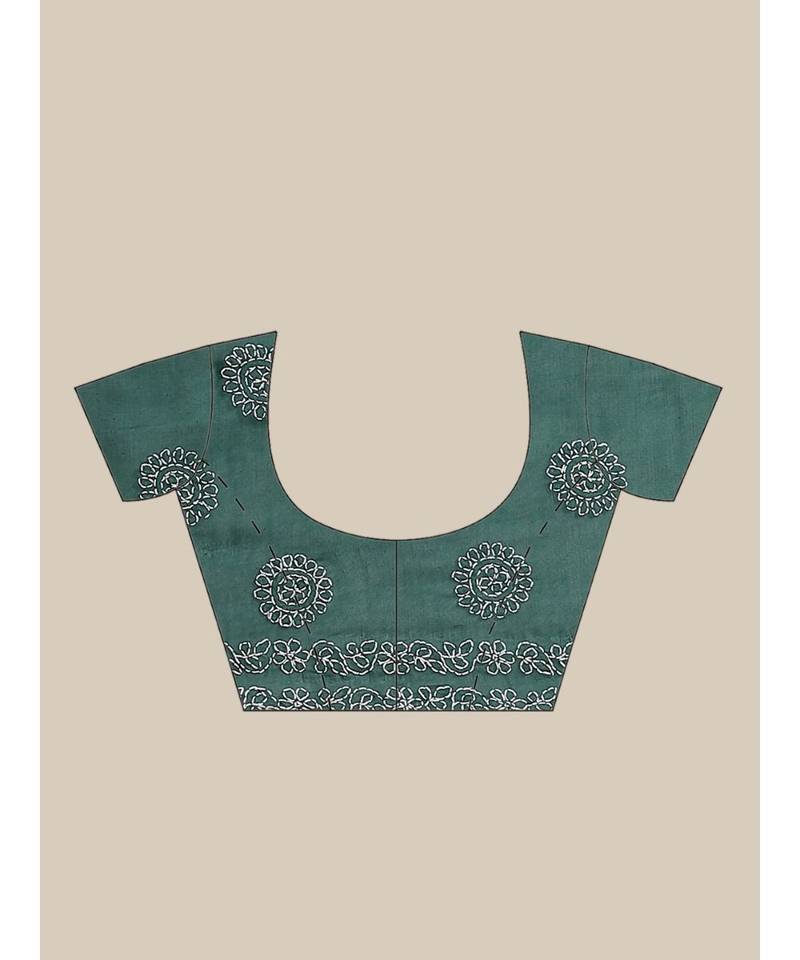 Ada Hand Embroidered Dark Green Cotton Lucknow Chikan Women Saree With Blouse - A311182